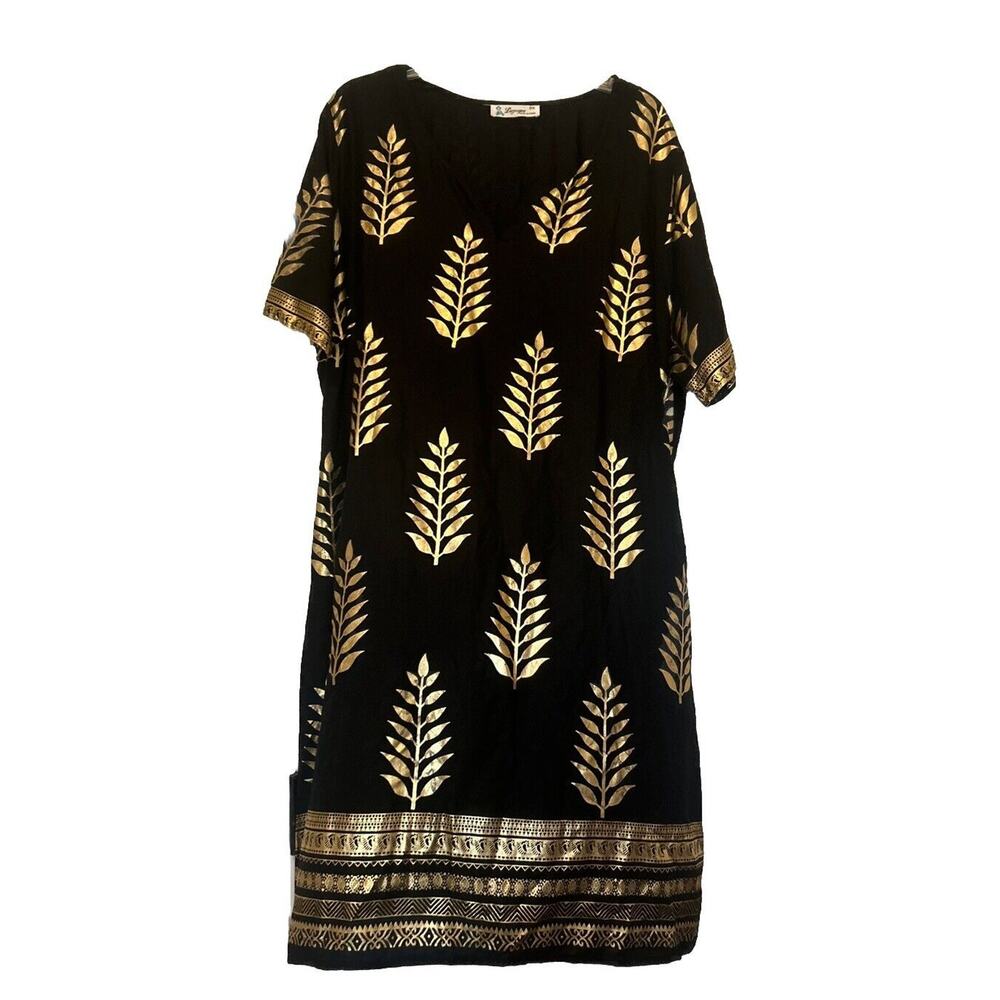 Lapogee Black Gold Leaf Kurta Women’s 2X Traditional‎ Short Sleeve Knee Length